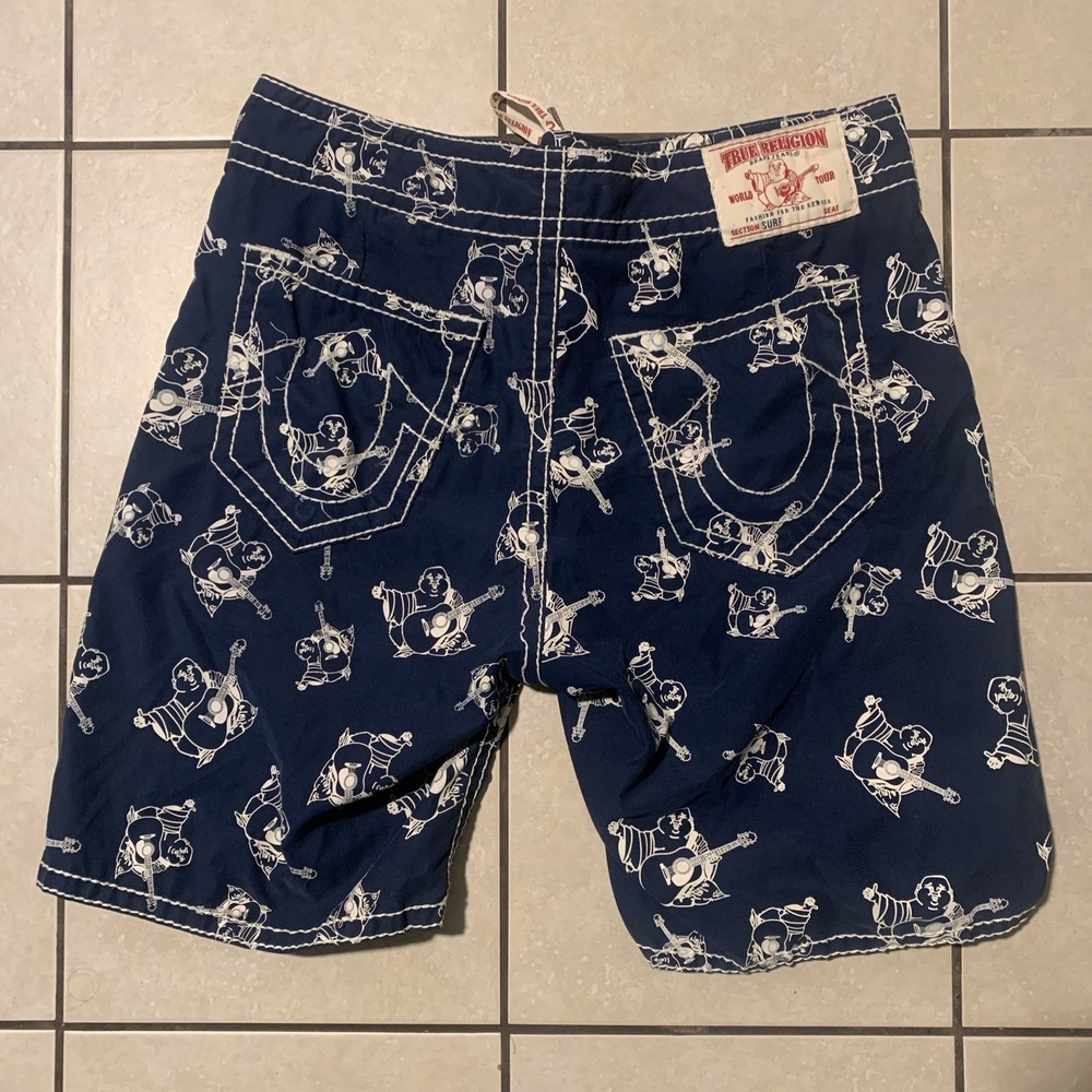 True Religion Men's 36 Blue Buddha Graphic Swimwear Board Shorts Trunks - Picture 2 of 4